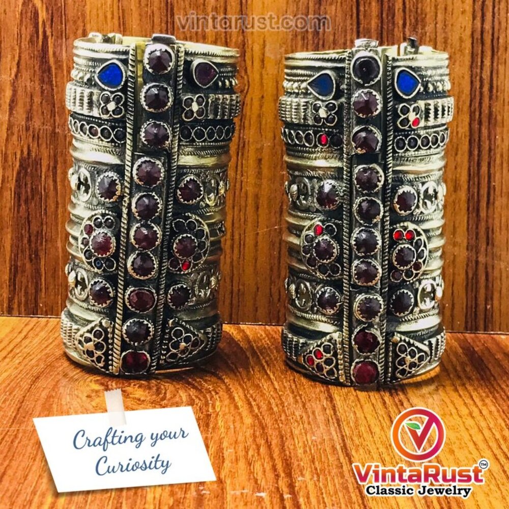 Single Big Massive Antique Cuff Bracelet With Red Glass Stones, Boho Handcuff